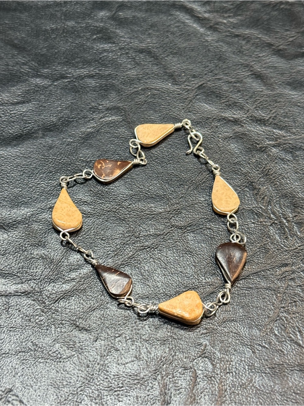 Unique Teardrop Wood & Silver Tone Charm Bracelet
